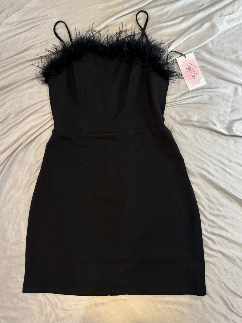 Feather-Trim Mini Dress in Black - Unbranded